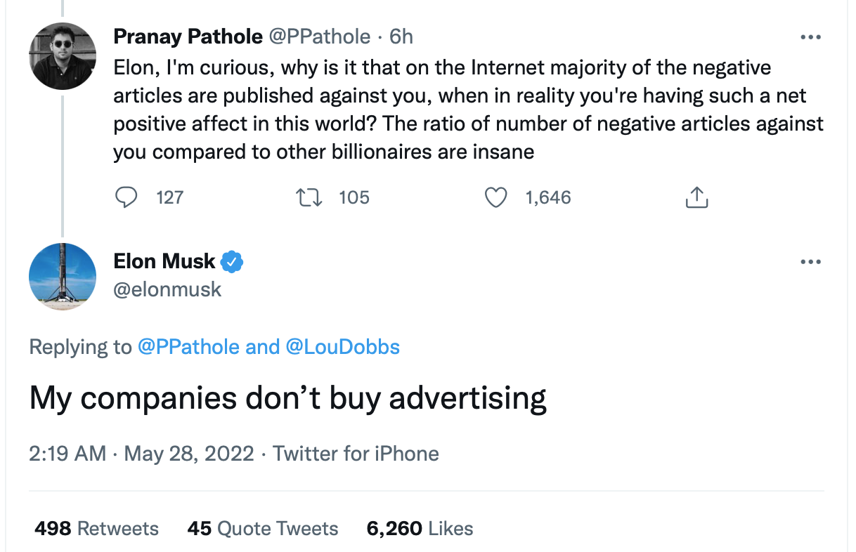 elon tweet: My companies don’t buy advertising