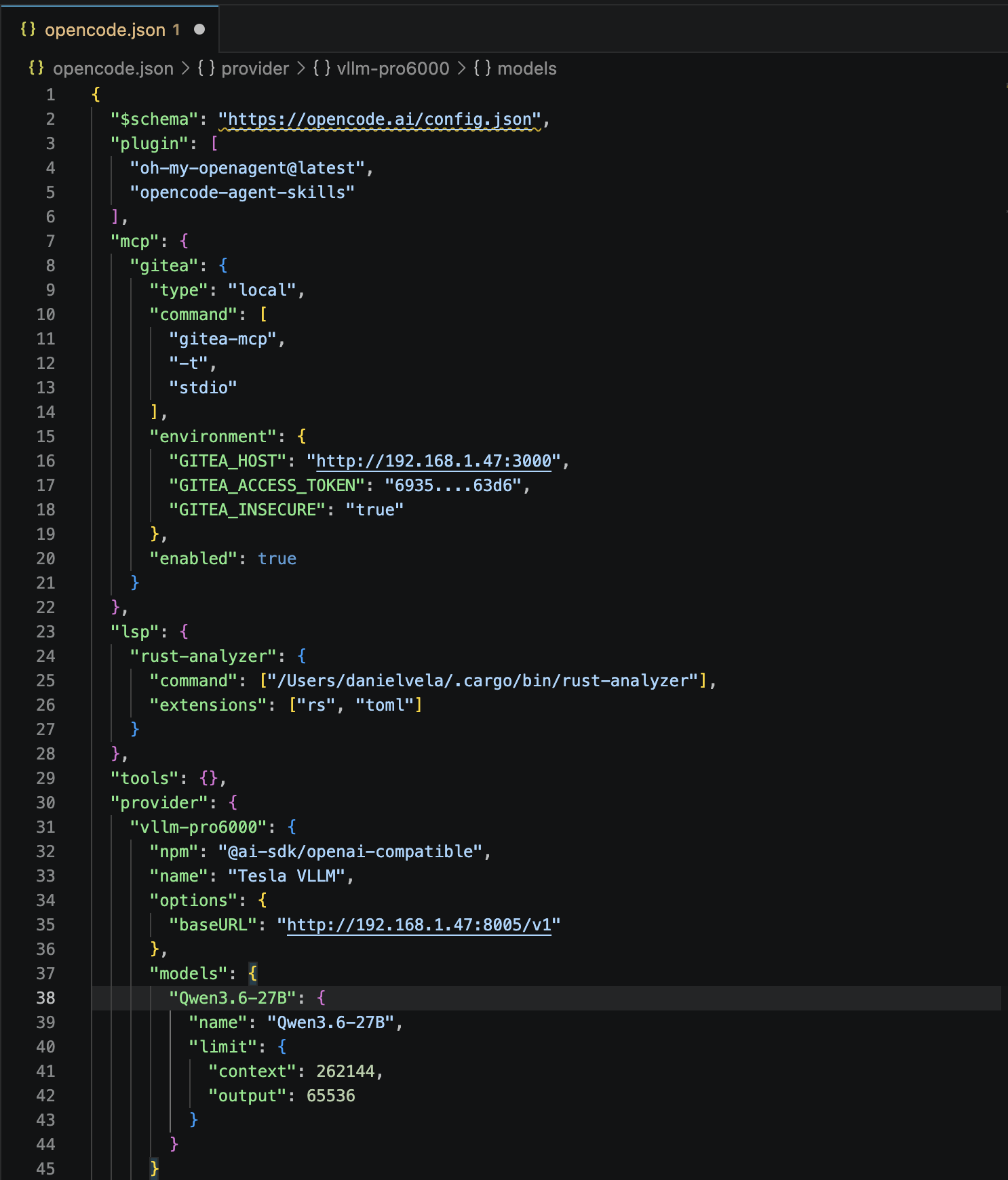 Complete OpenCode configuration showing opencode.json with plugins, MCP servers, LSP configuration, and provider settings. The file demonstrates how all the pieces connect: Oh-My-OpenAgent for multi-agent orchestration, Gitea MCP for issue tracking, local vLLM for the anchor model, and LSP for language-specific intelligence.