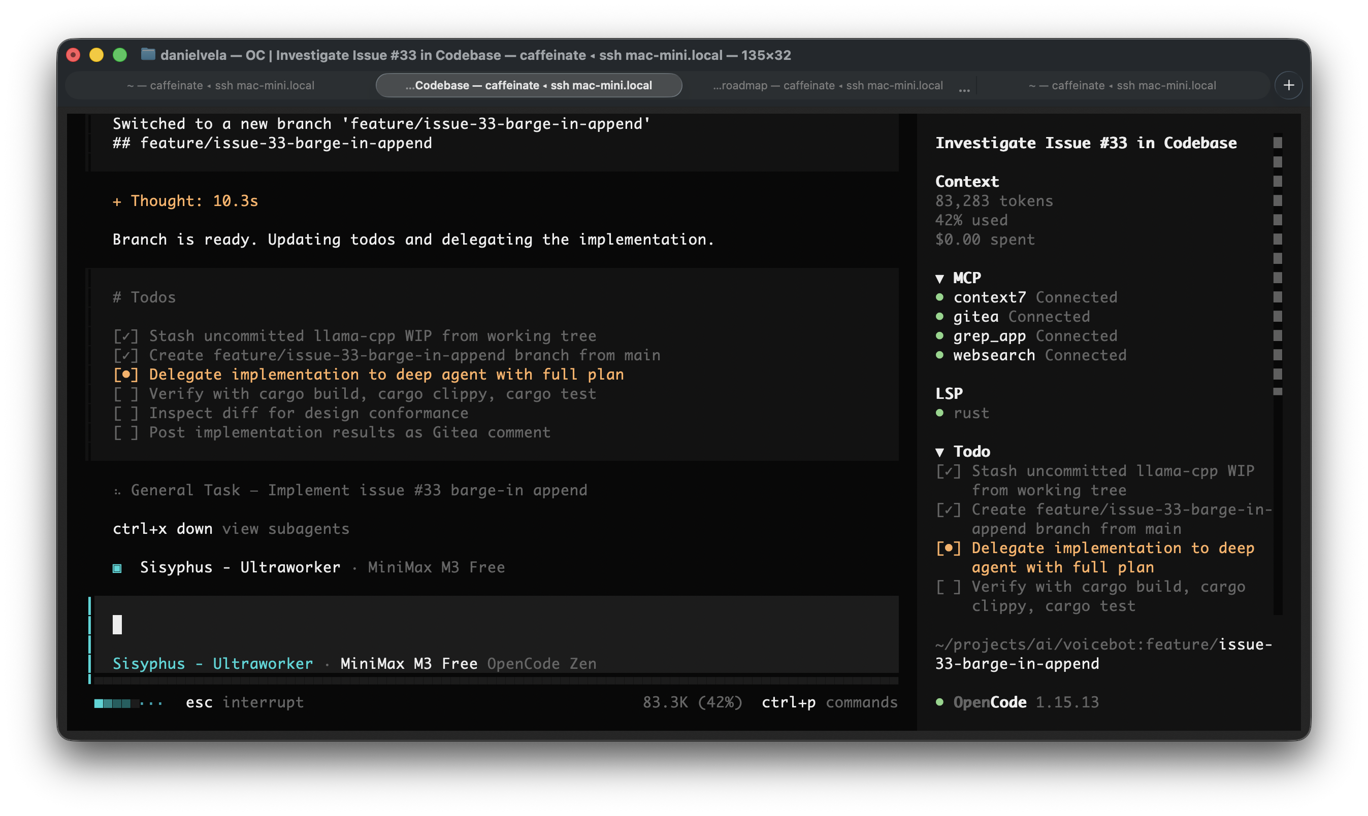 OpenCode TUI showing an active session with Oh-My-OpenAgent routing a task to the Sisyphus agent. The terminal interface displays the model name, task category, and progress bar as the agent works through the codebase.