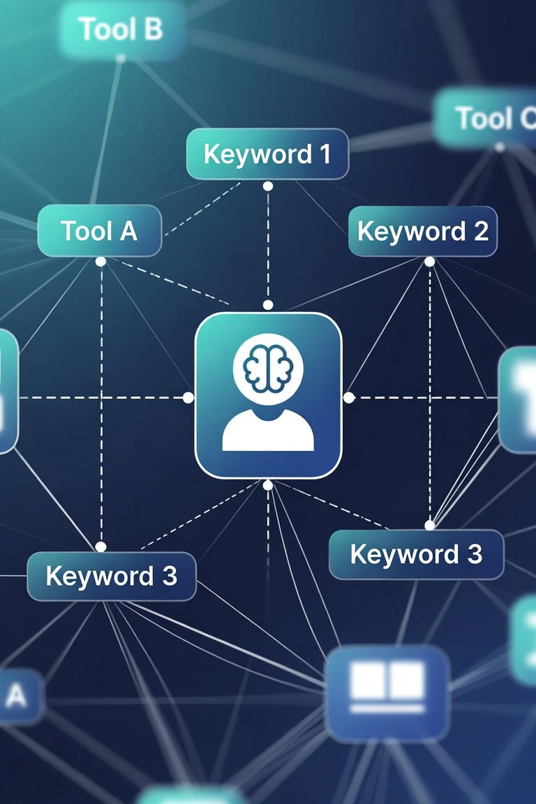 A conceptual visualization of an AI agent processing keywords to trigger specific tools